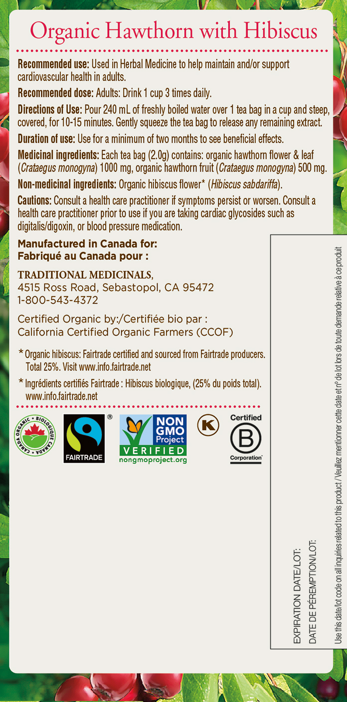 Traditional Medicinals Hawthorn with Hibiscus 20 Wrapped Tea Bags Product Label