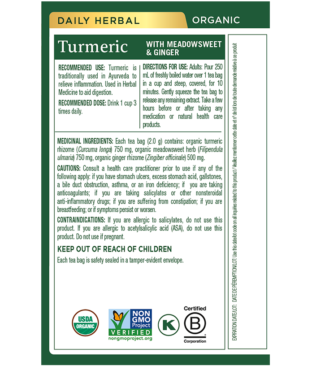 Organic Turmeric with Meadowsweet & Ginger Tea Ingredients & Info